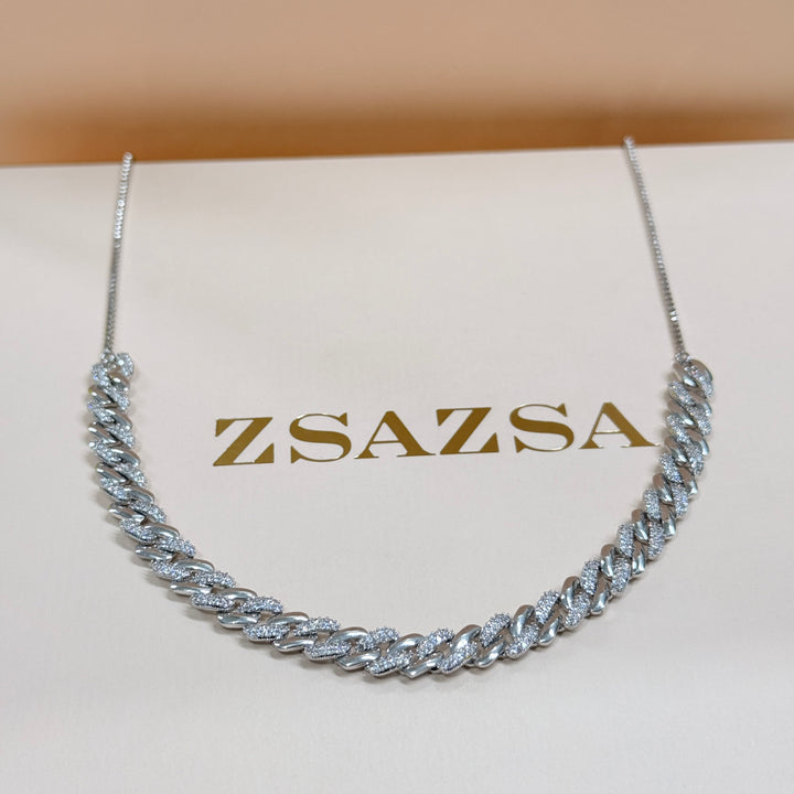 Chain design zircone silver necklace and bracelet