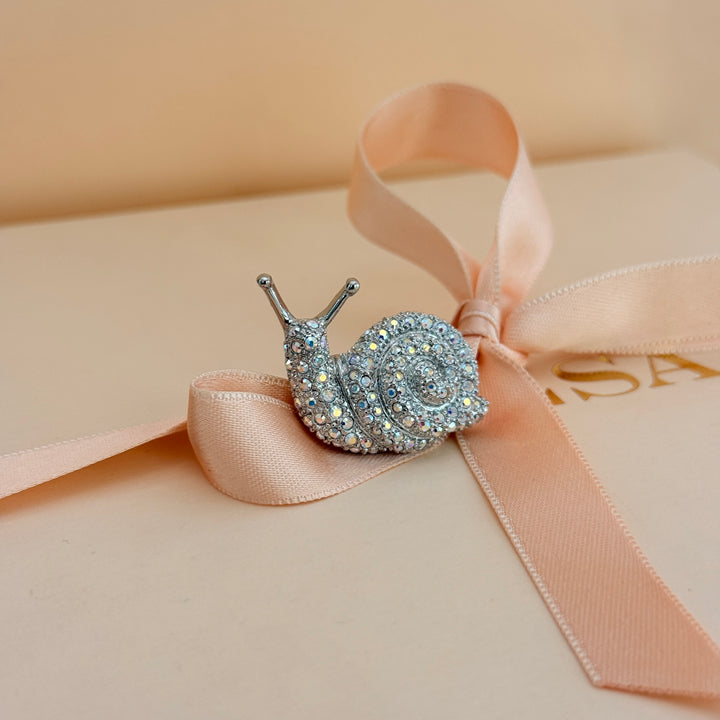Aurora borealis snail rhinestone silver brooch