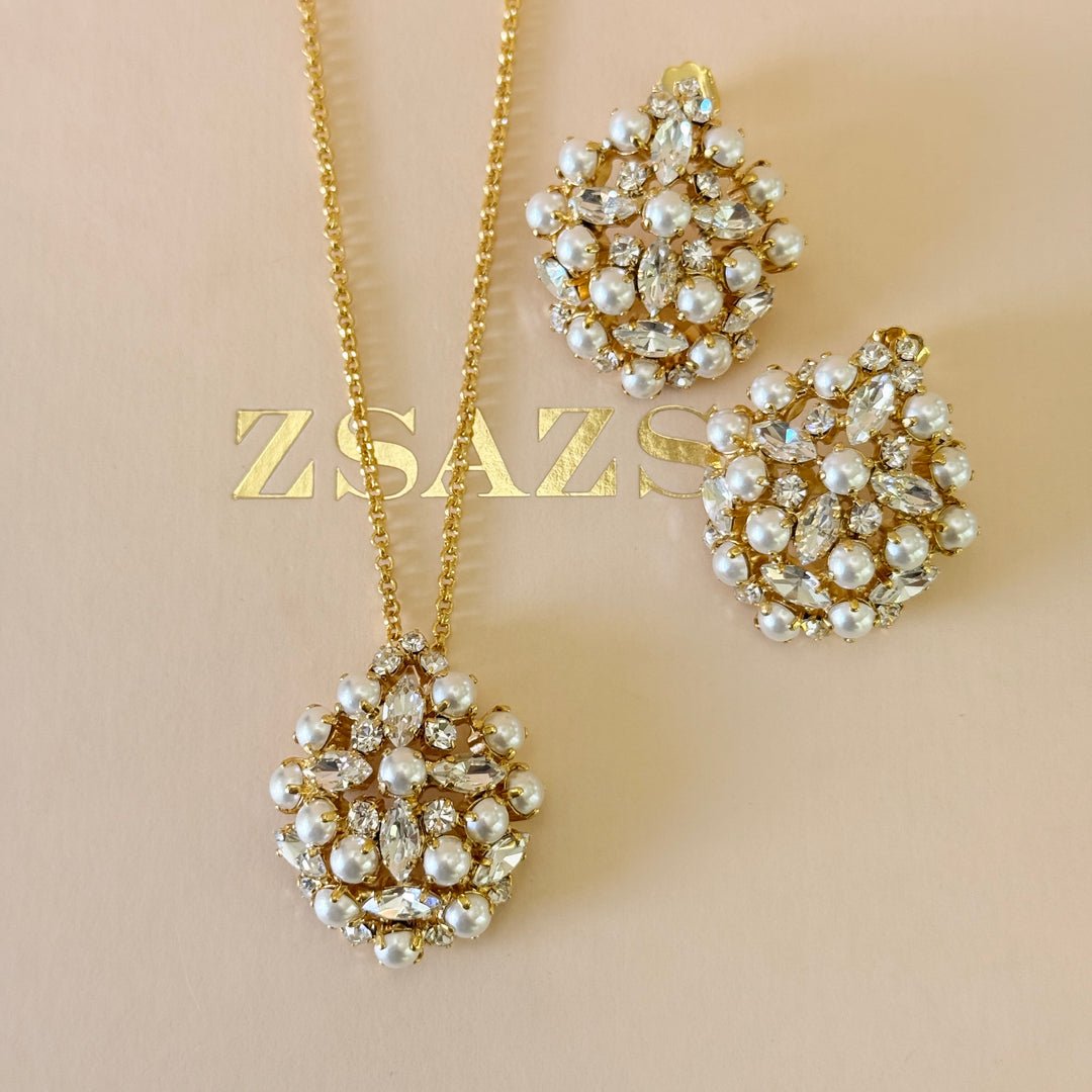 Preciosa crystals & pearls chunky gold plated pendant set
