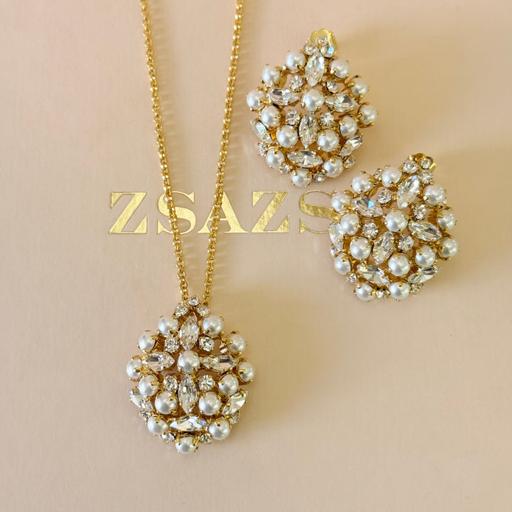 Preciosa crystals & pearls chunky gold plated pendant set