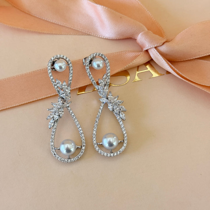Marquise pearls zircone silver long earrings