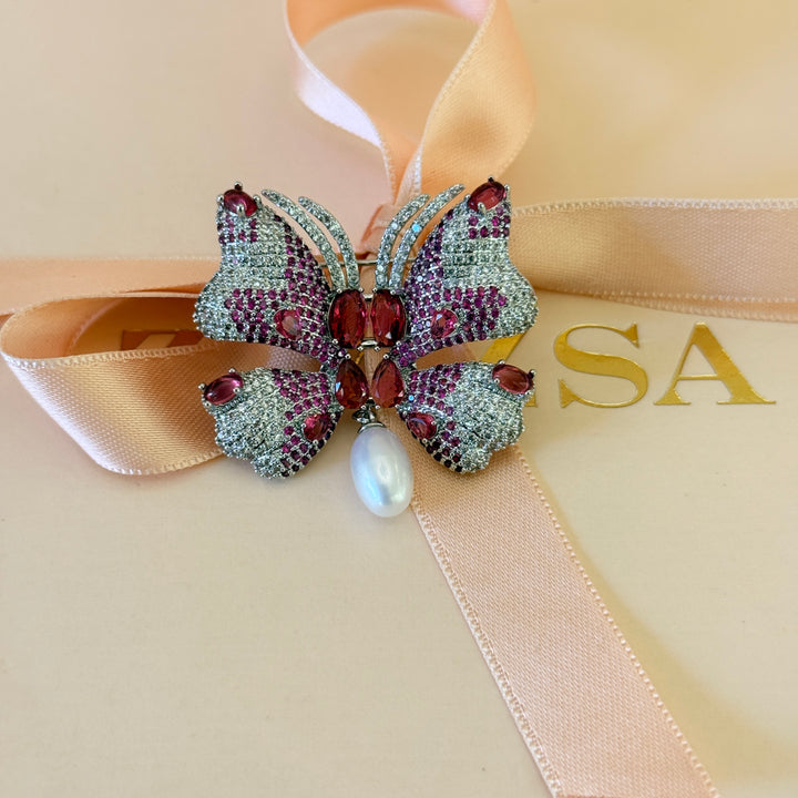 Butterfly Fuchsia and pearl zircone silver brooch