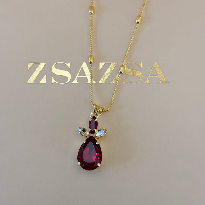 Marquise and teardrop dark red Swarovski crystals gold plated set