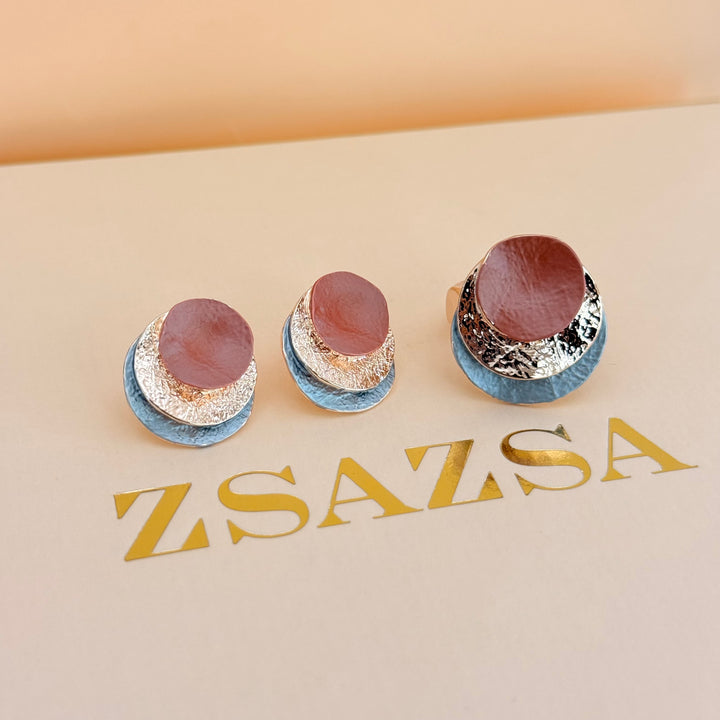 Round brown and grey enamel earrings and ring rose gold plated