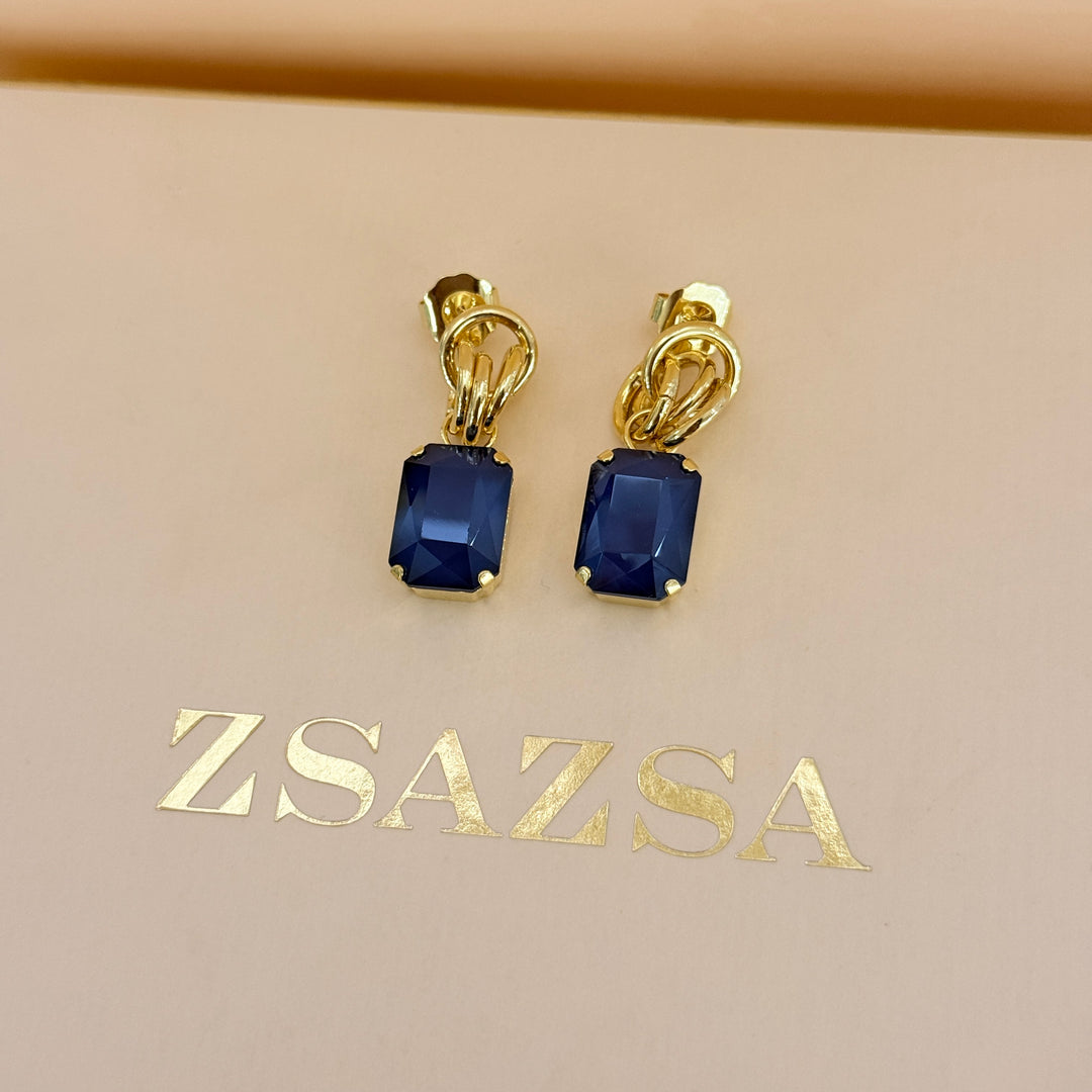 Rectangular royal blue Swarovski crystals gold plated set