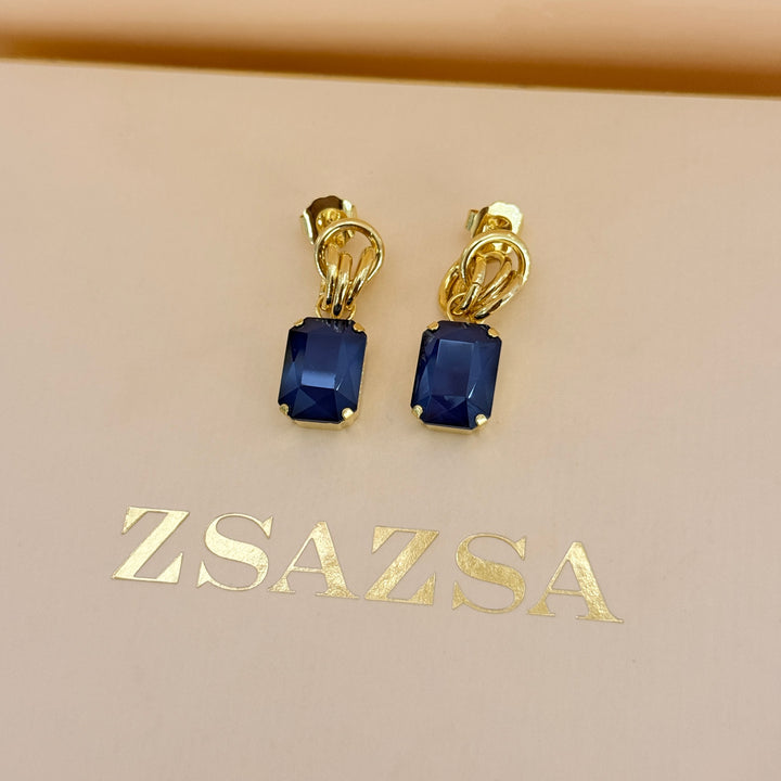 Rectangular royal blue Swarovski crystals gold plated set