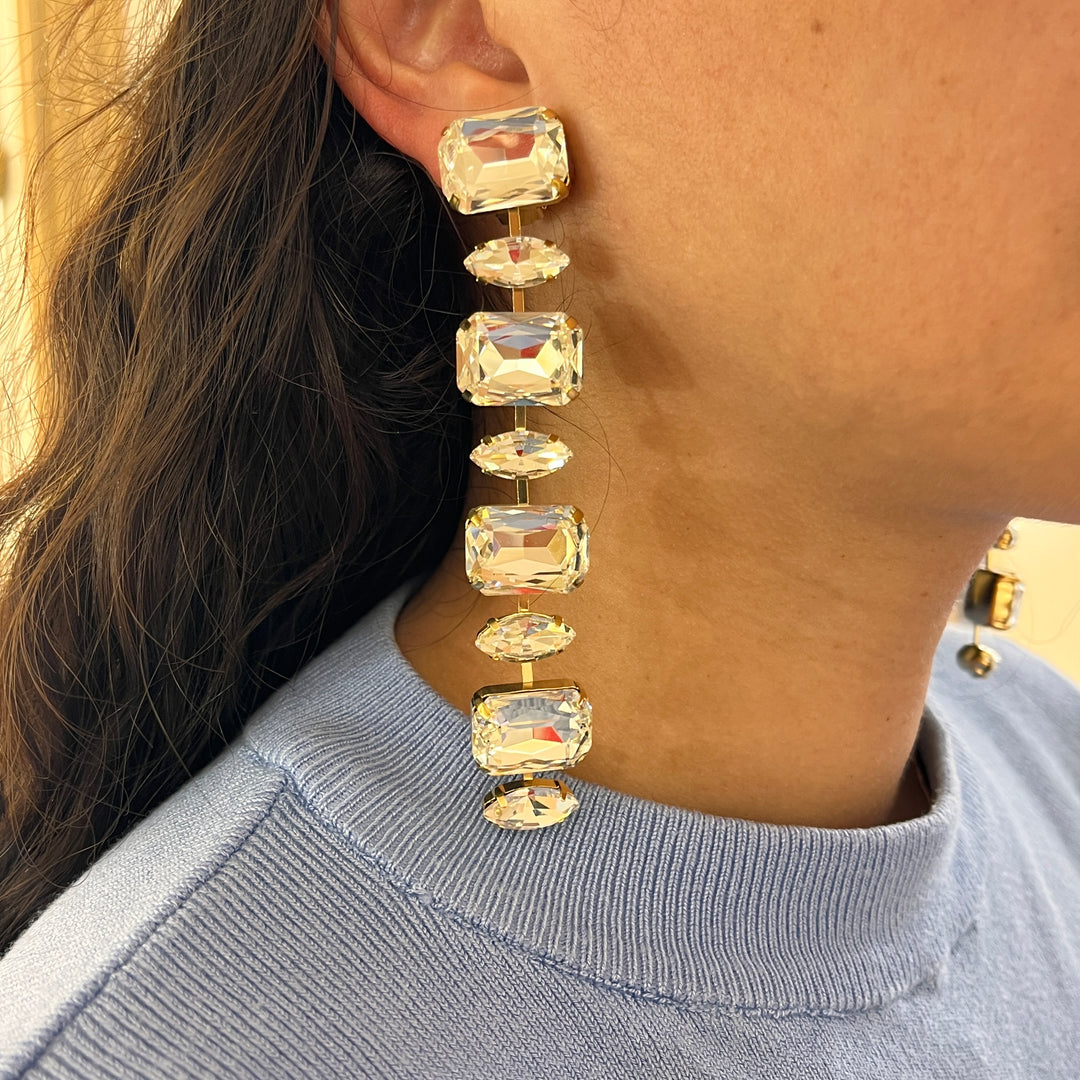 Swarovski crystals gold plated long clip on earrings