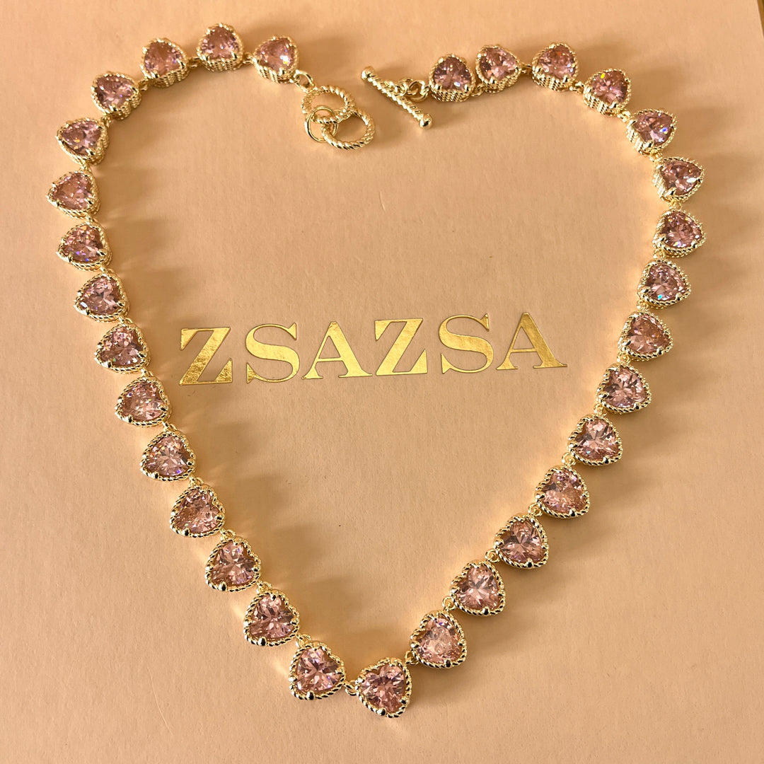 Light pink heart zircone gold plated necklace and bracelet