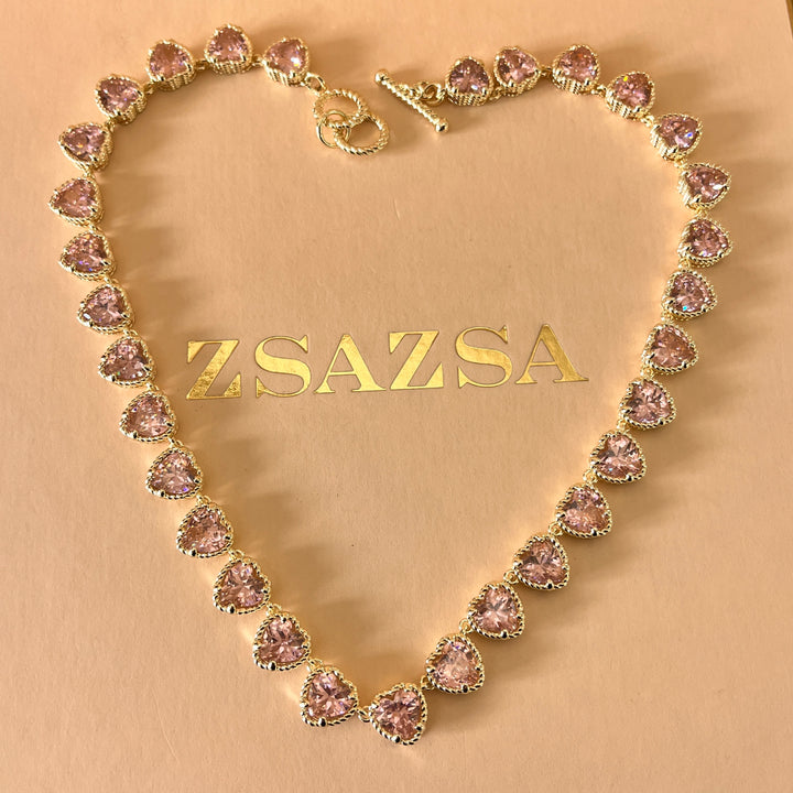Light pink heart zircone gold plated necklace and bracelet