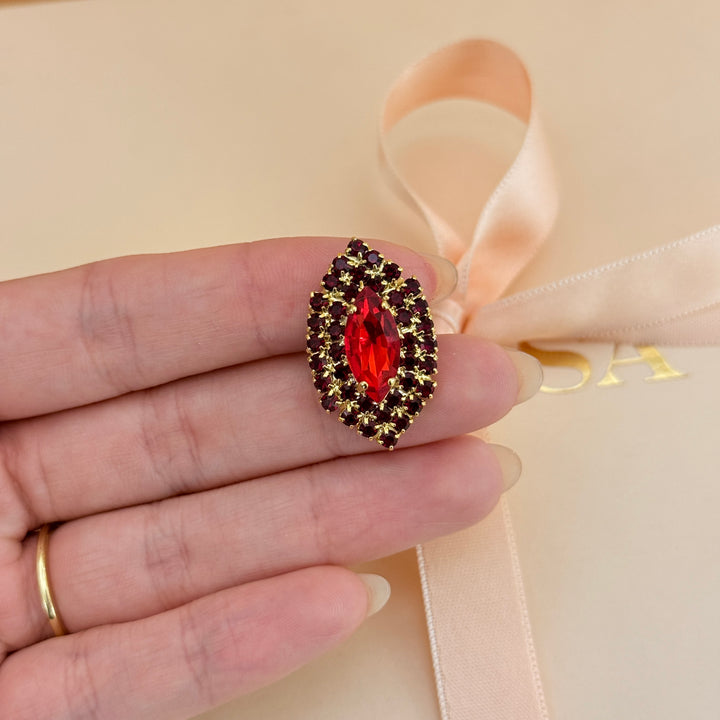 Marquise red preciosa crystals gold plated brooch