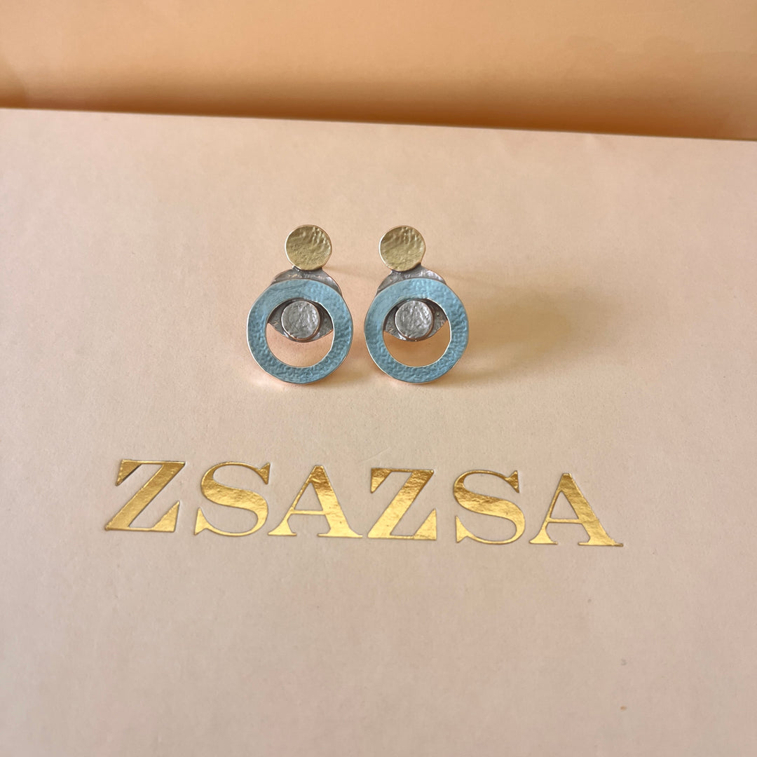 Enamel turquoise, light green and light grey round rose gold plated set
