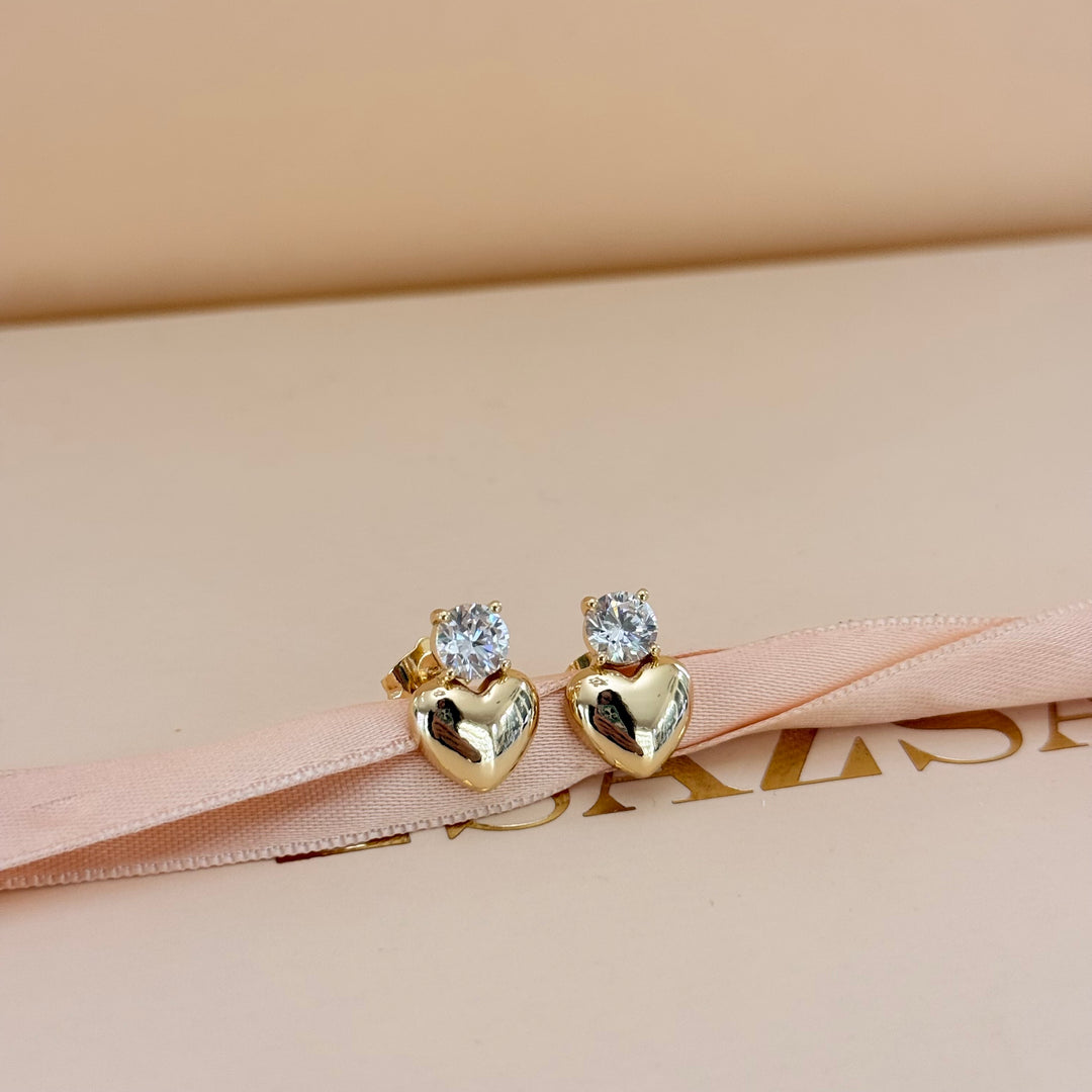 Heart and round zircone gold plated earrings