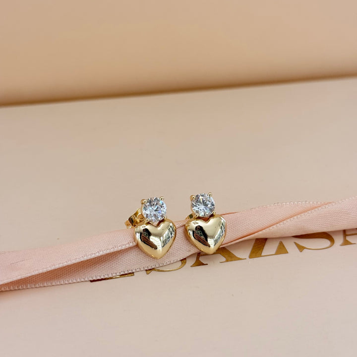 Heart and round zircone gold plated earrings