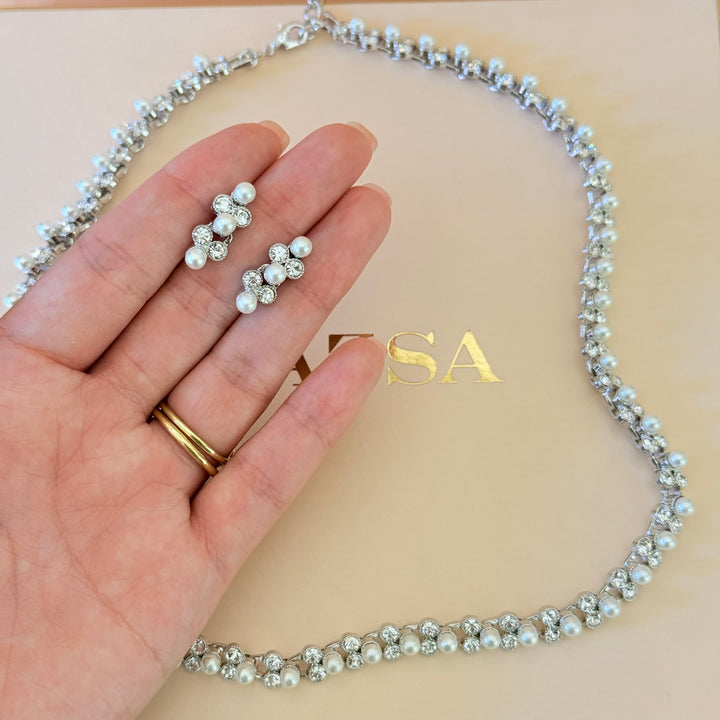Swarovski crystals & pearls dainty silver set