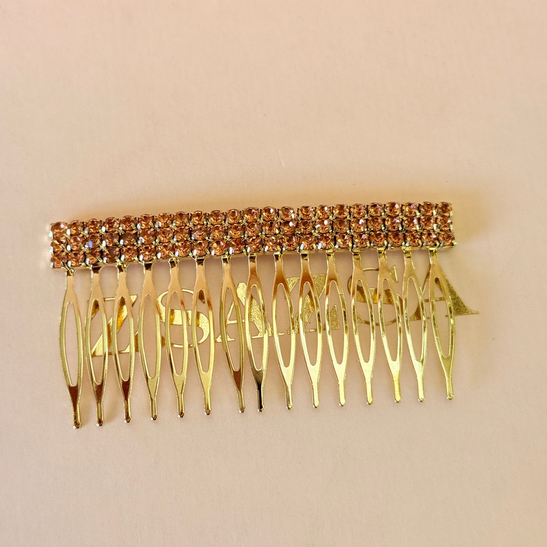 Rhinestone 3 rows peach gold comb