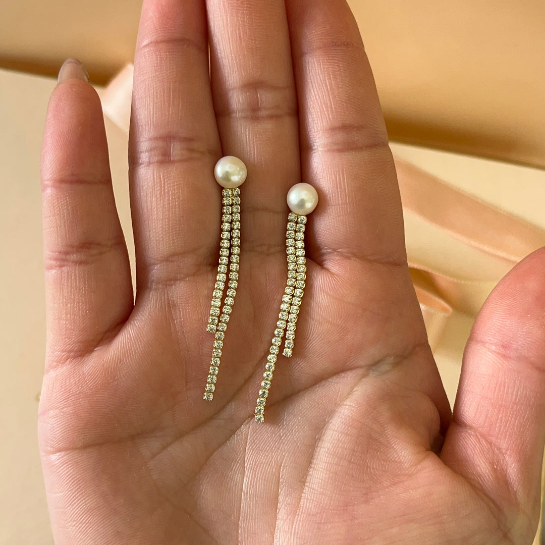 Zircone and fresh water pearls gold plated sterling silver earrings