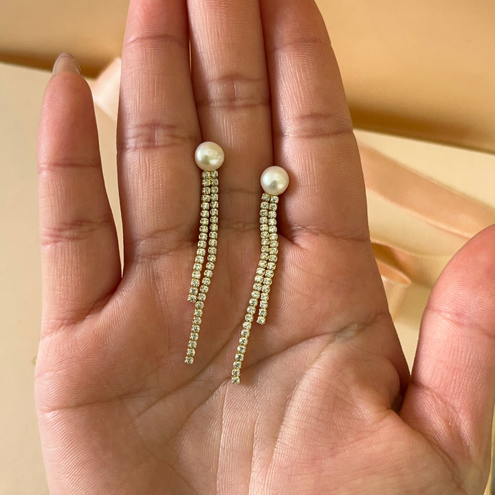 Zircone and fresh water pearls gold plated sterling silver earrings