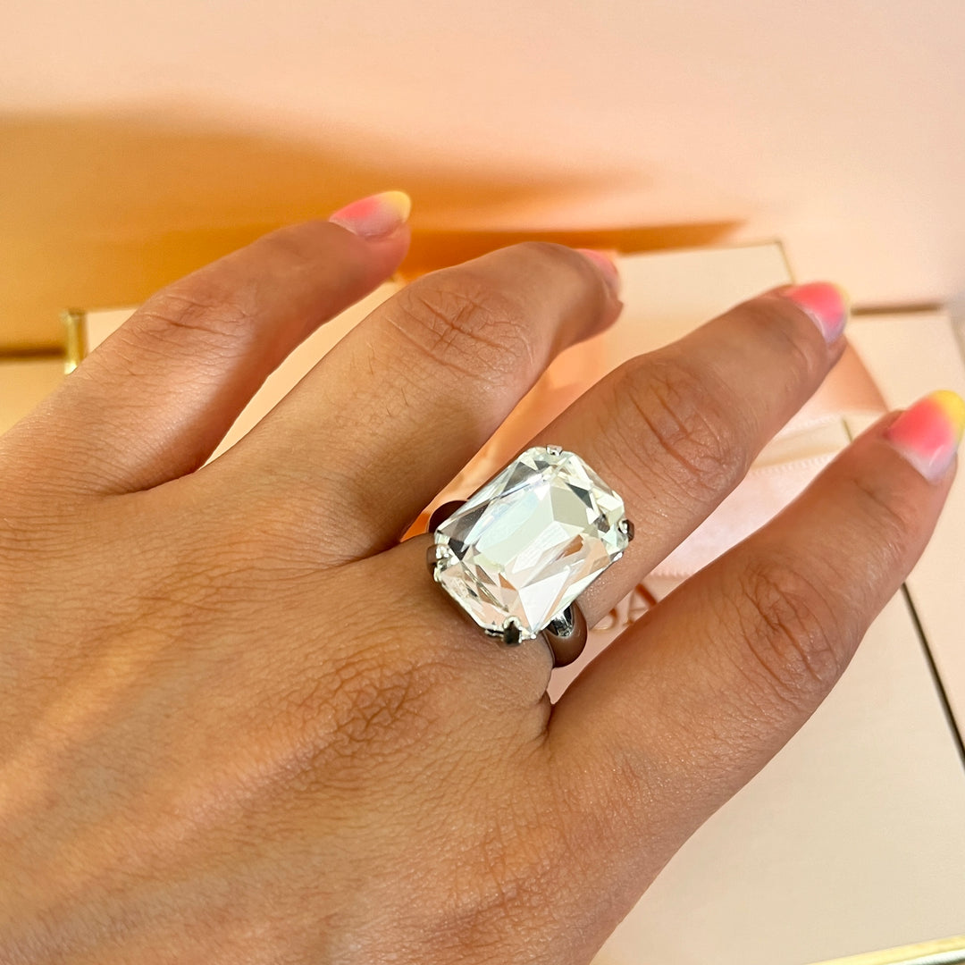 Swarovski crystals rectangular white gold plated ring