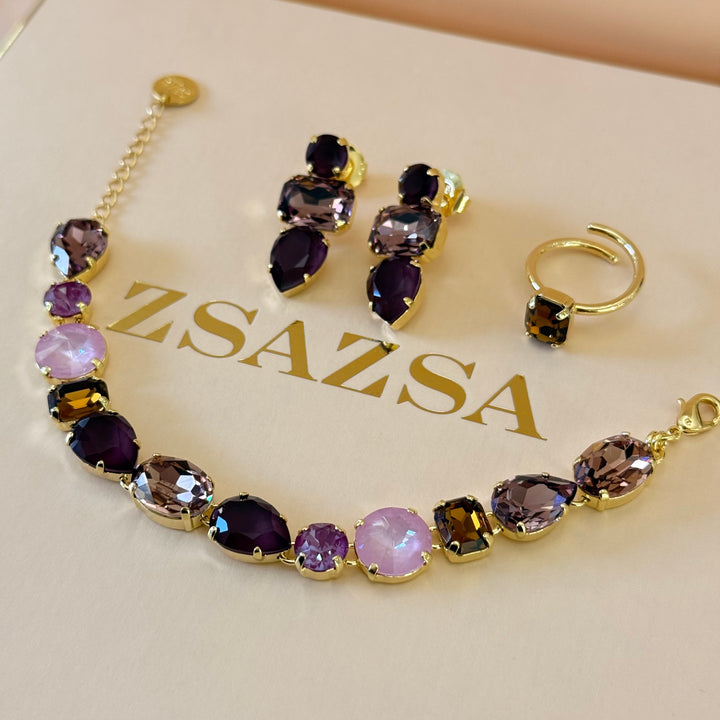 Mixed shades of purple Swarovski crystals gold plated set