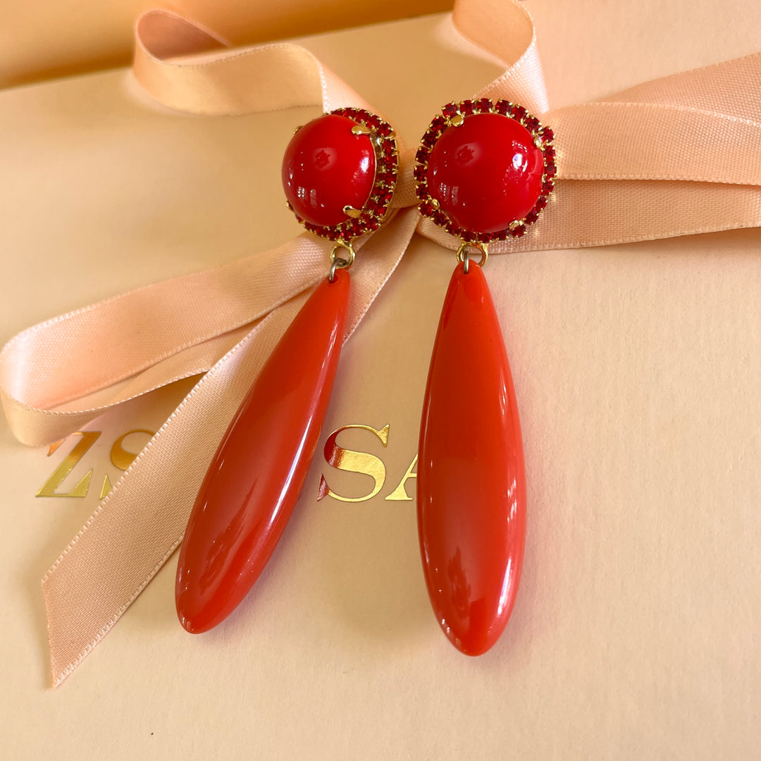 Red Swarovski crystals long earrings