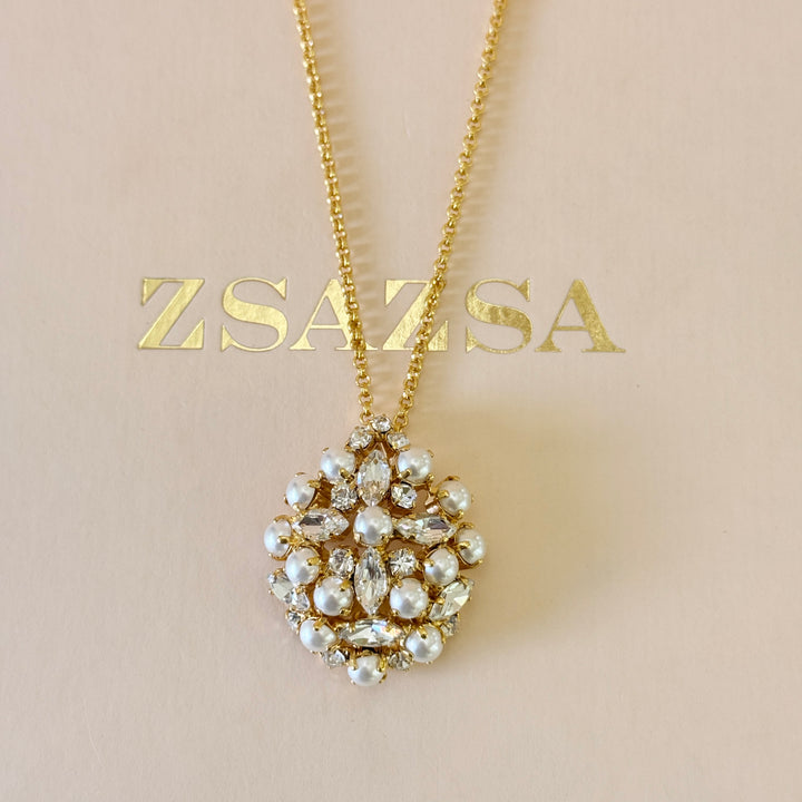 Preciosa crystals & pearls chunky gold plated pendant set