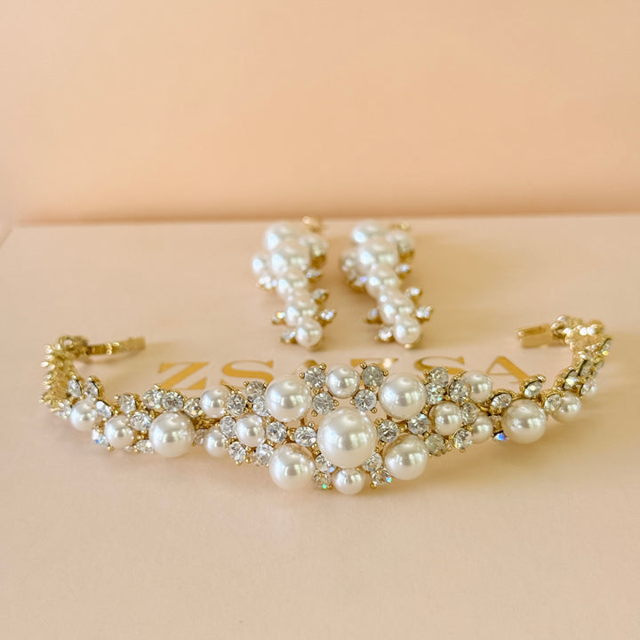 Swarovski crystals & pearls chunky gold plated earrings and bracelet