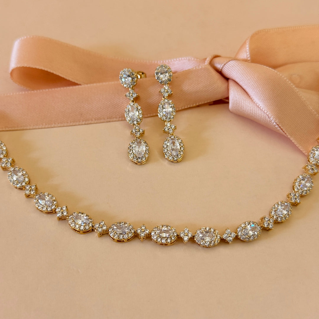 Oval zircone gold plated earrings and bracelet set