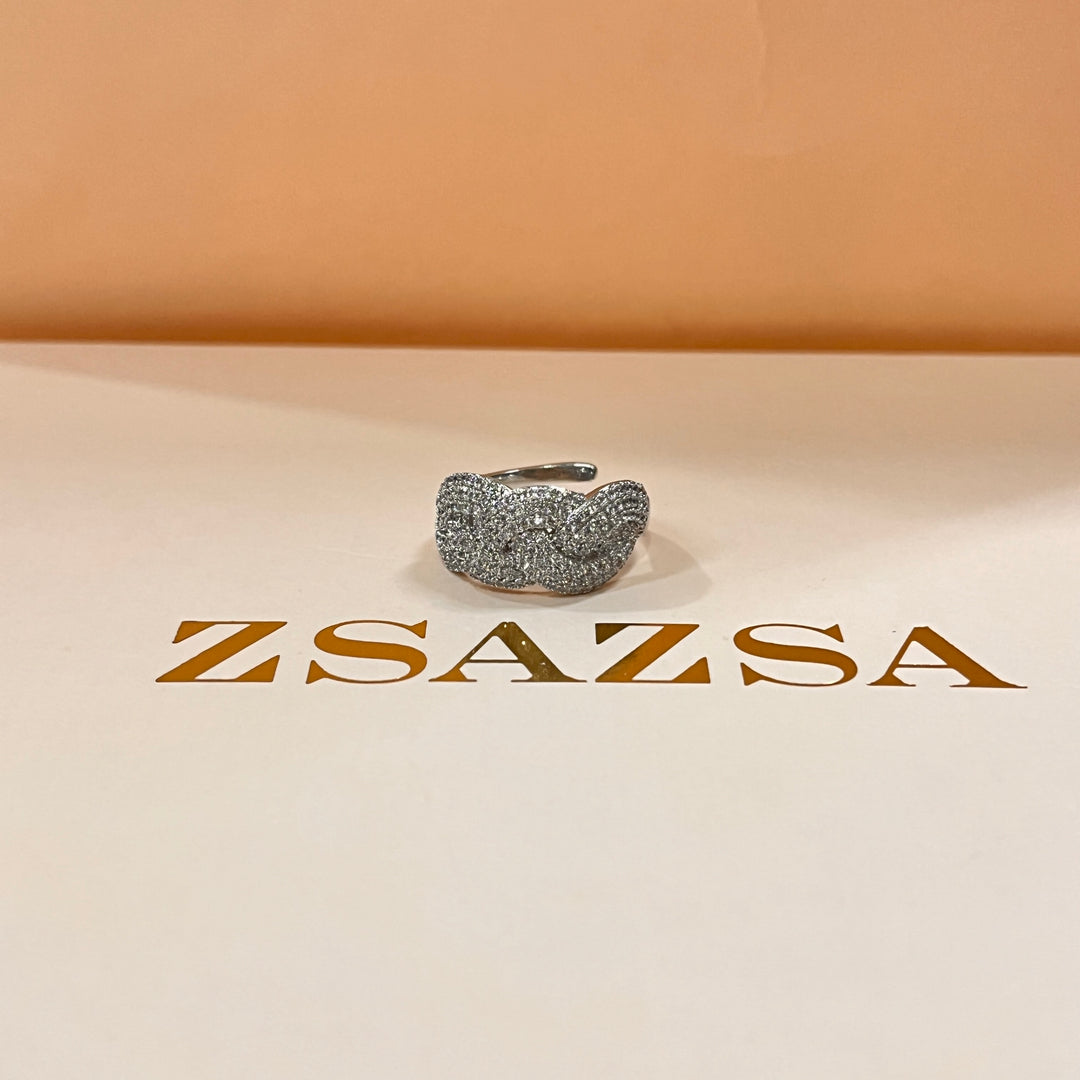 Zircone white gold plated crossed ring