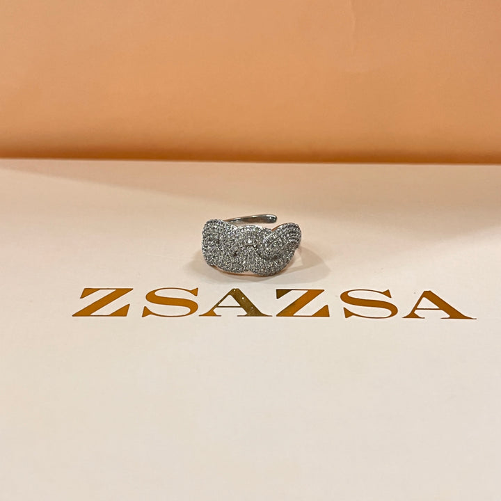 Zircone white gold plated crossed ring