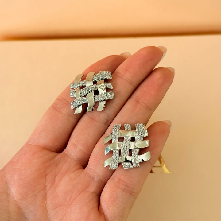 Square grid zircone silver earrings