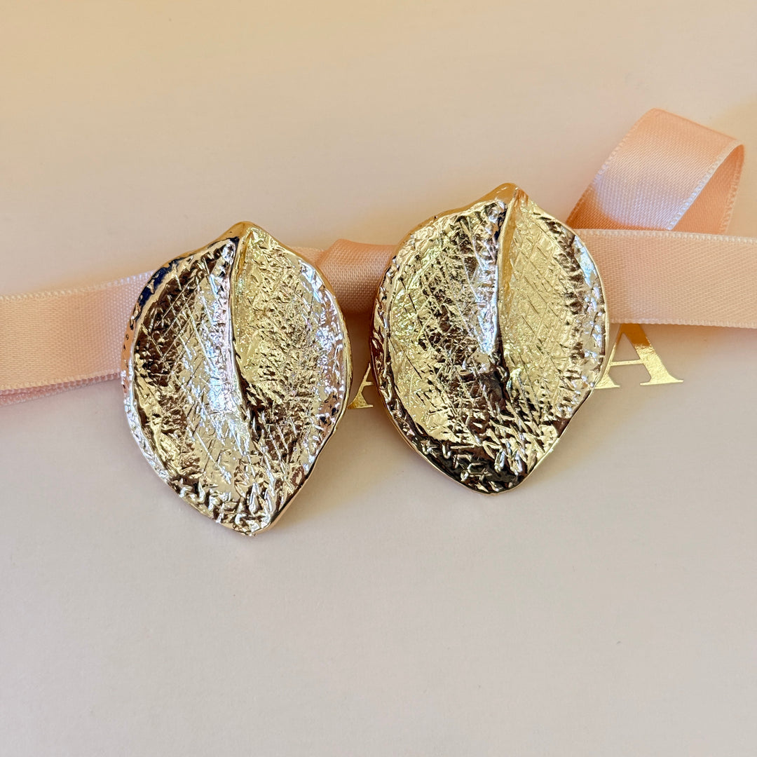 Plain texture leaf gold plated clip on earrings