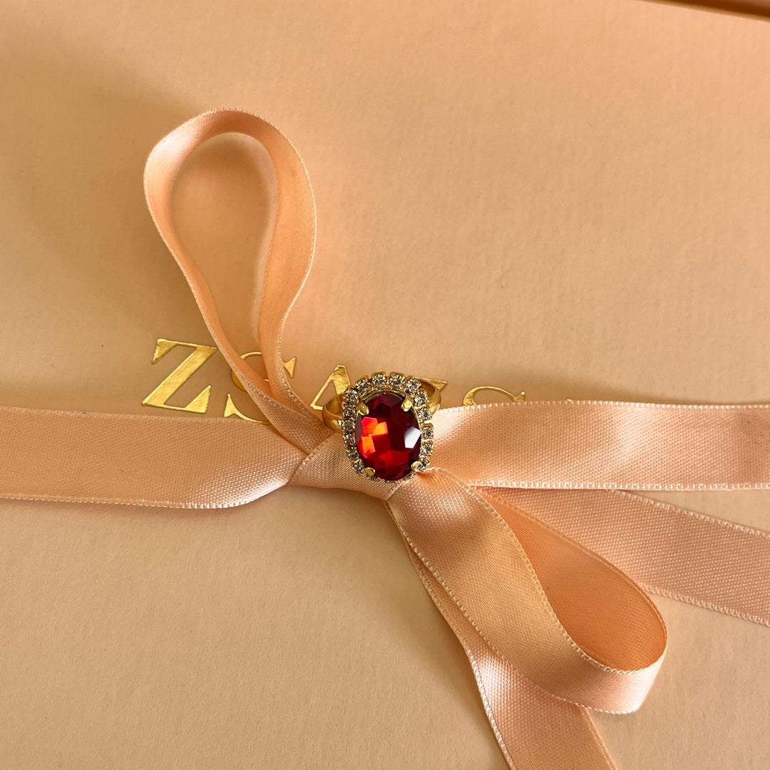 Red oval Preciosa crystals studs and ring