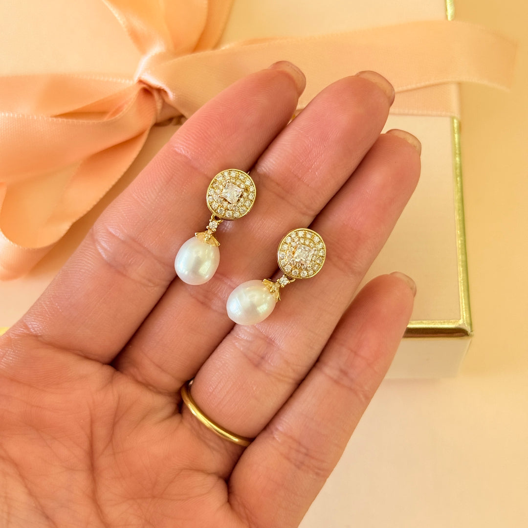 Square zircone and pearl sterling silver gold plated earrings