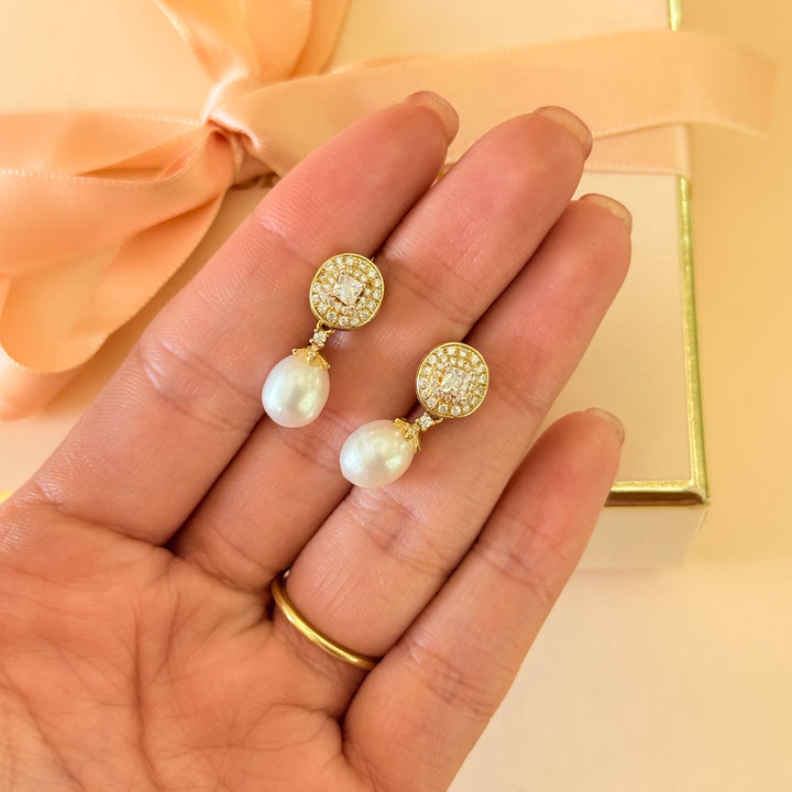 Square zircone and pearl sterling silver gold plated earrings