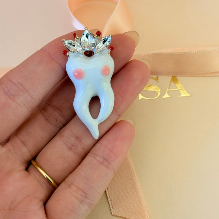 Statement Tooth Brooch with Crystal Crown