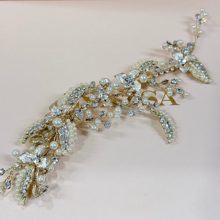 Rhinestone cream pearls gold hair clip