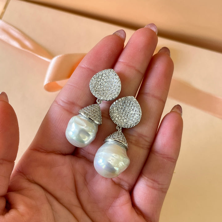 Zicone and white Baroque pearl white gold plated earrings