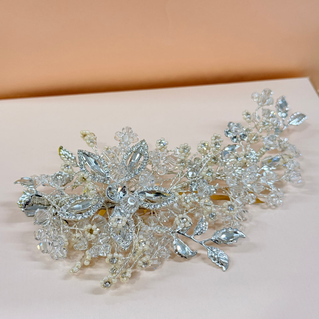 Swarovski crystals & dainty pearls leaves silver hair clip