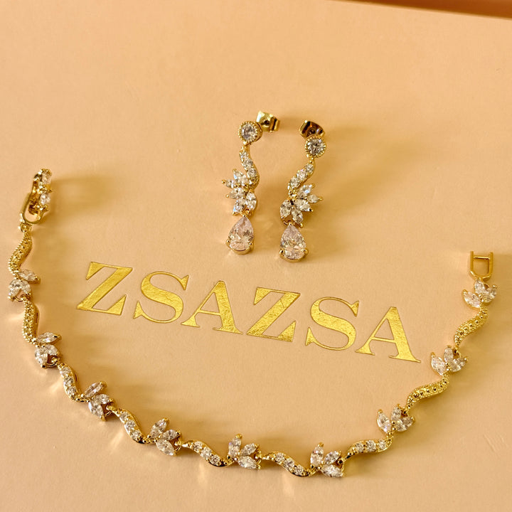 Teardrop and marquise zircone gold plated earrings and bracelet