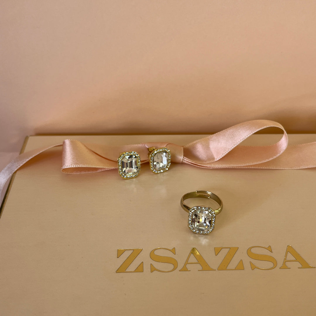 Swarovski crystals rectangular gold plated studs and ring