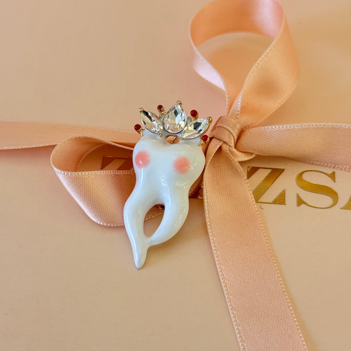 Statement Tooth Brooch with Crystal Crown