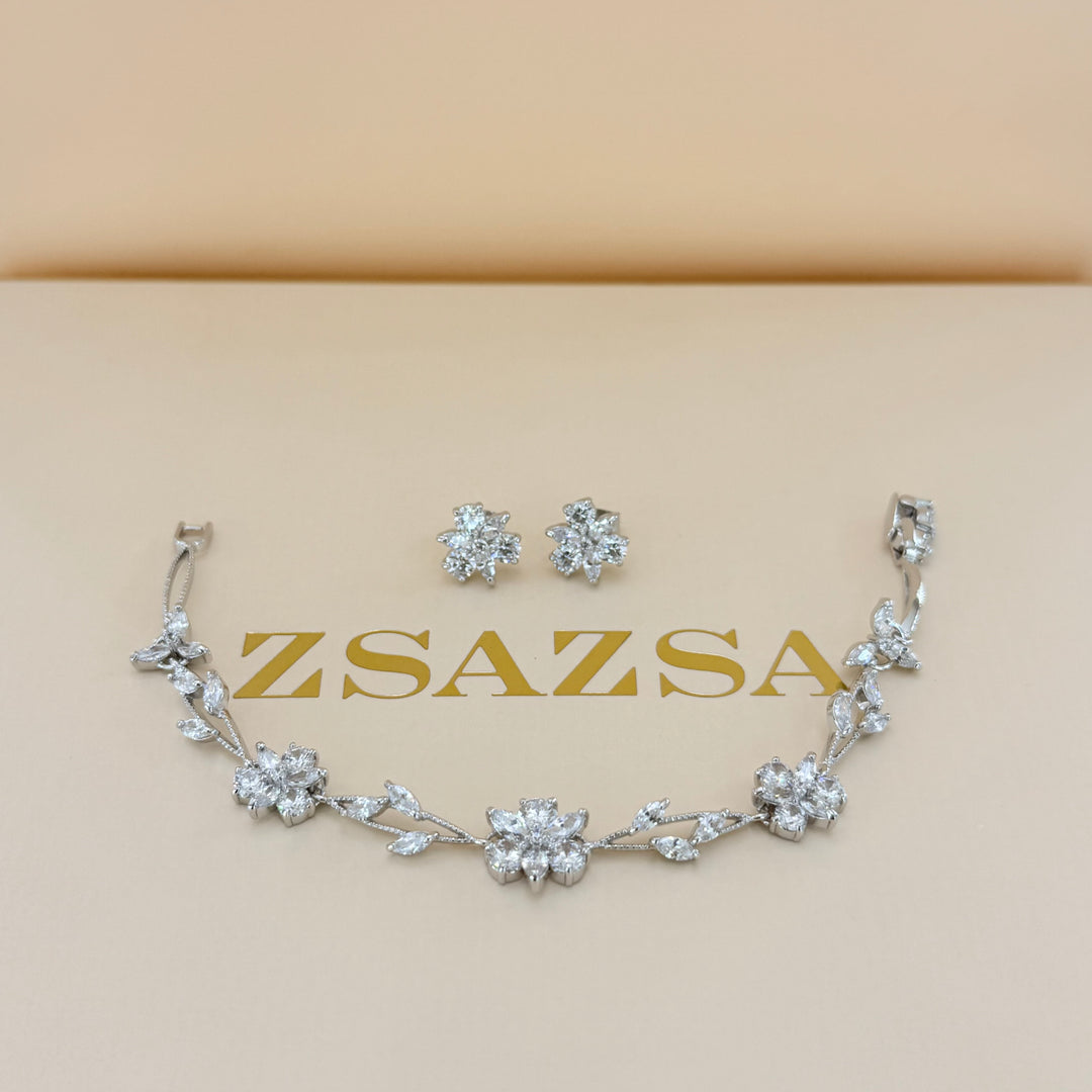 Flower zircone silver earrings and bracelet