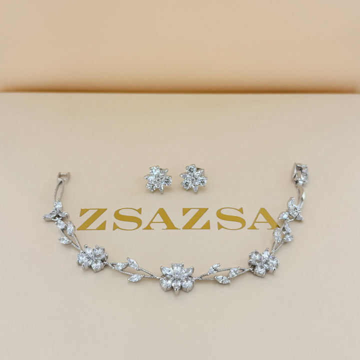 Flower zircone silver earrings and bracelet