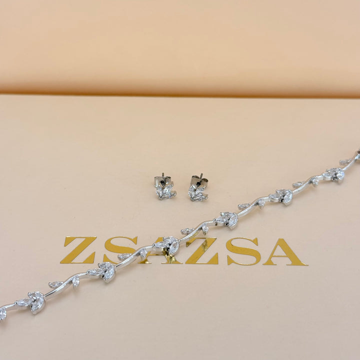 Dainty marquise zircone silver earrings and bracelet