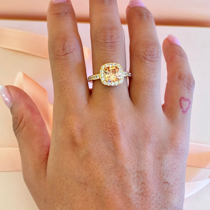 Square peach zircone gold plated ring