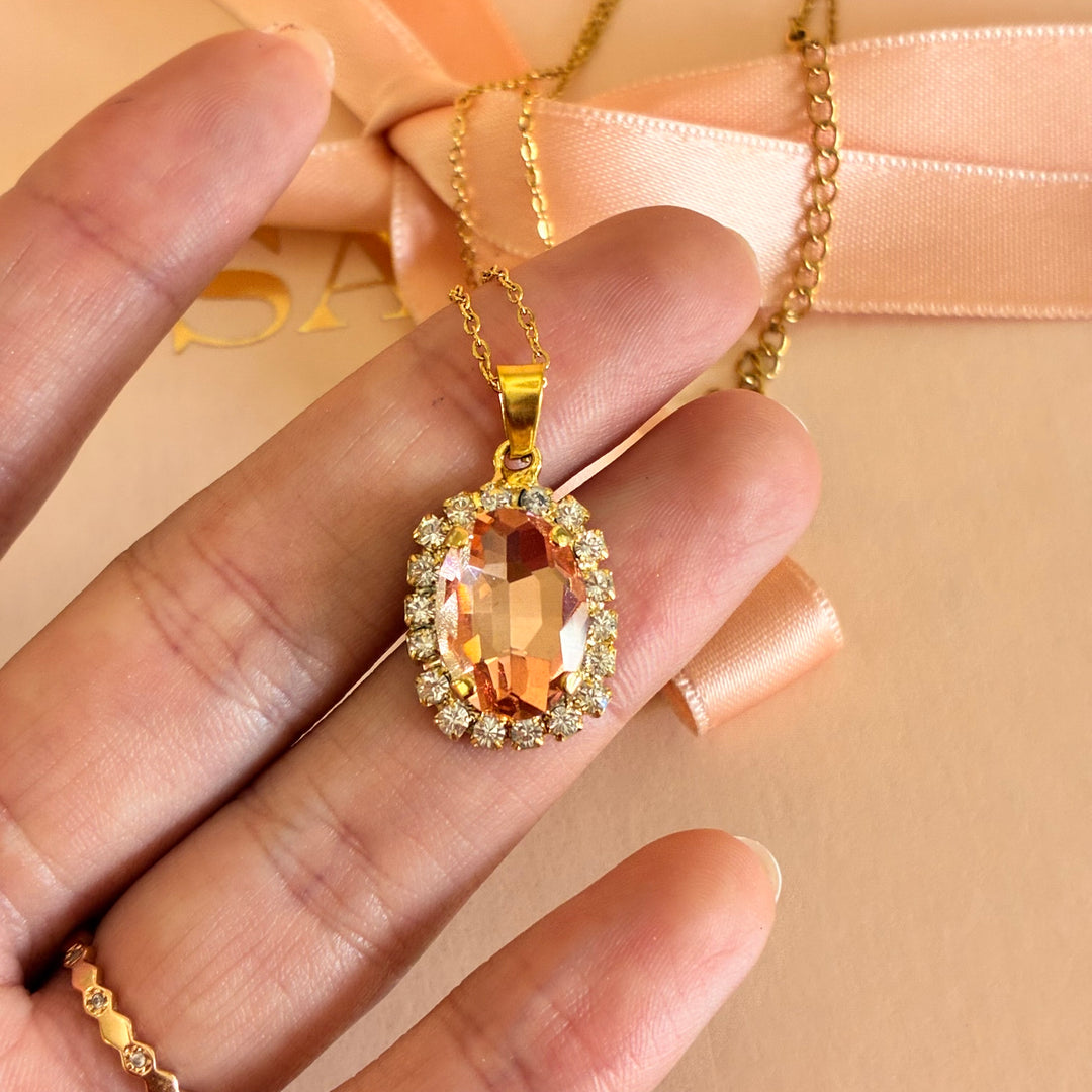 Peach Oval Preciosa crystals gold plated pendant set