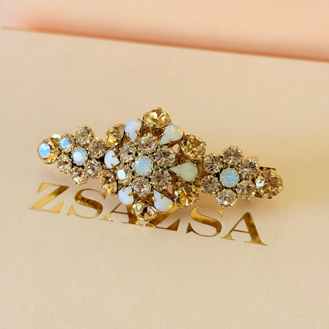 Swarovski crystals flowers peach & white gold hair clip