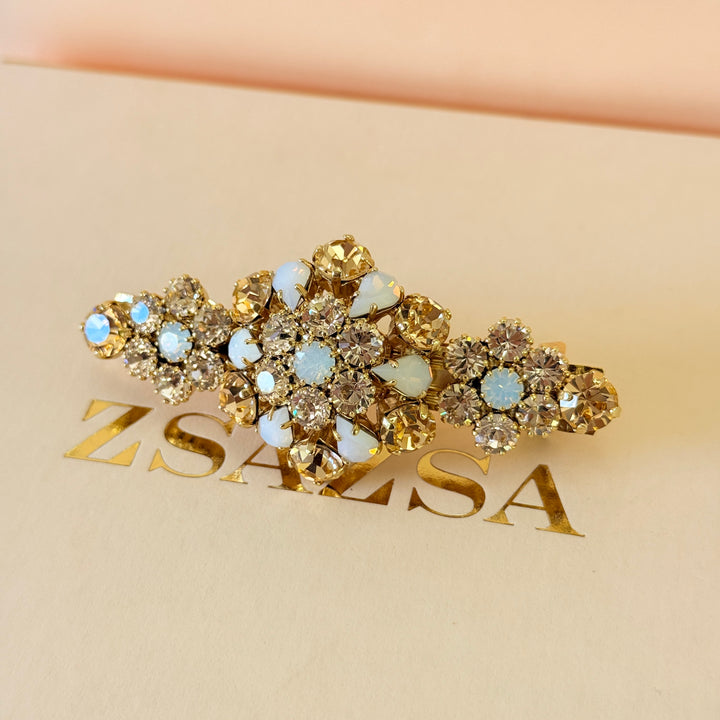 Swarovski crystals flowers peach & white gold hair clip