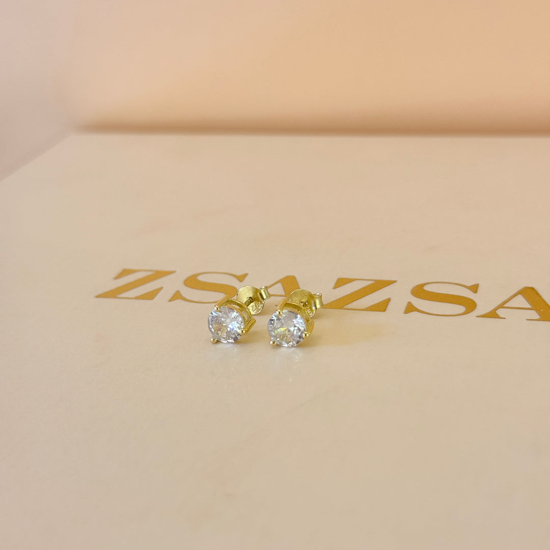 Solitaire medium size zircone sterling silver gold plated studs