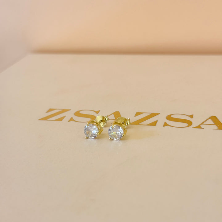 Solitaire medium size zircone sterling silver gold plated studs